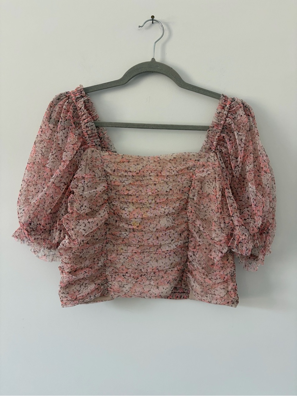 H&M Pink Floral Mesh Puffed Sleeves Crop Top Boho Indie Cottagecore M